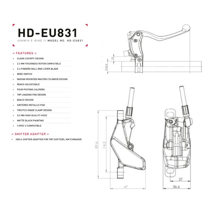 TRP C2.3 / HD-EU831 - Quad Piston Hydraulic e-Brakes (Uses 2.3mm Rotors)